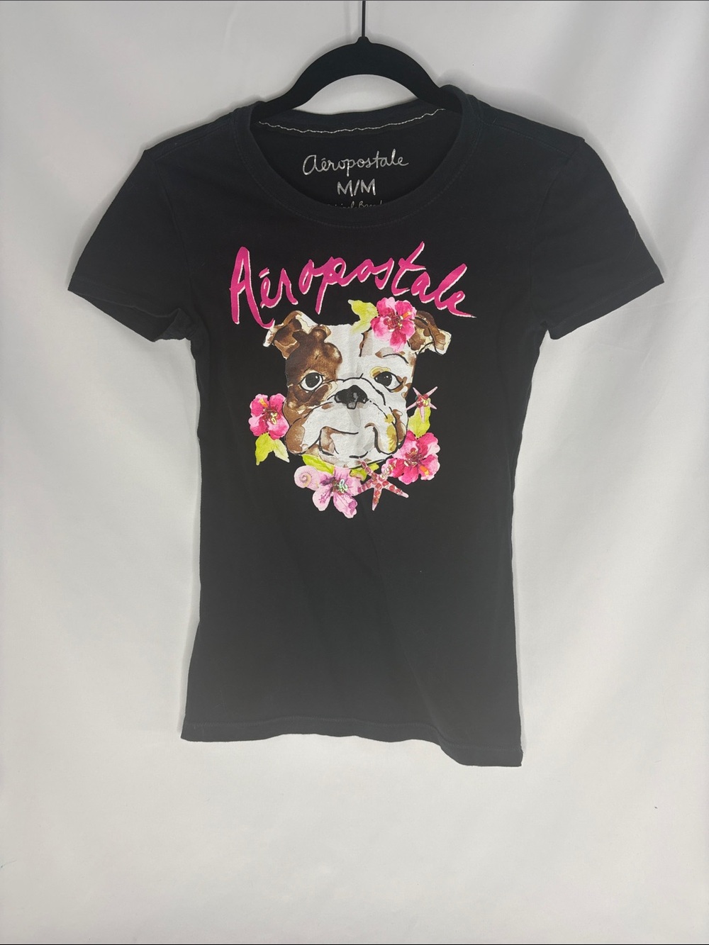 Aeropostale Black Tee with Floral Bulldog Graphic and Pink Logo